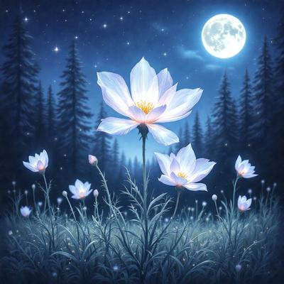 The primary subject of the image is a beautiful white flower with a yellow center, surrounded by a lush green field. The setting is a nighttime forest, with the moon visible in the background. The visual style is a digital art, creating a serene and peaceful atmosphere. The dominant colors are white, green, and yellow, with the moon adding a touch of silver to the scene.